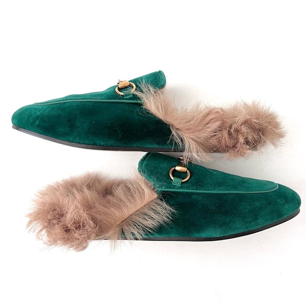 GUCCI | Princetown Fur Horsebit Green Emerald Velvet Velour Mule Slipper Flat - Picture 9 of 11